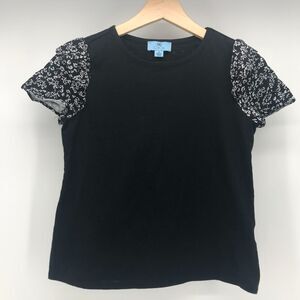 CeCe Top Womens XS Black Knit Floral Tiered Cap Sleeve Crew Neck Stretch